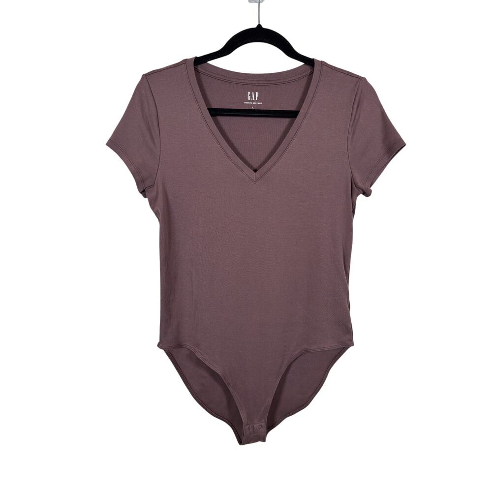 Gap Modern Bodysuit Shirt Womens Large Peppercorn Brown V-Neck Short Sleeve